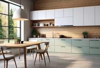 Blur background interior design, scandinavian minimalistic classic kitchen with wooden and white details, 3d illustration