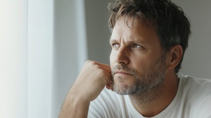Obraz premium A serious man rests his chin on his hand, lost in contemplation, gazing thoughtfully out of a window. Generative AI