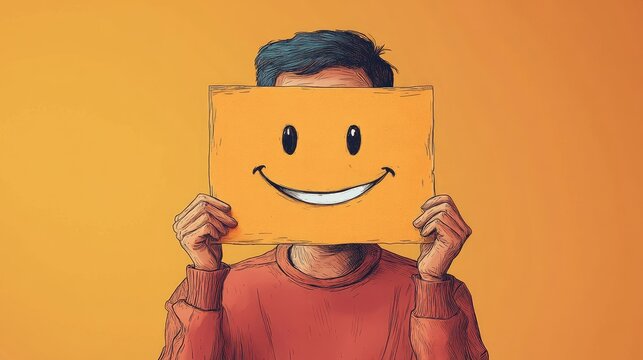 Person Holding Smiley Face Drawing in Front of Face - Concept of Happiness, Positive Emotions, and Hidden Identity