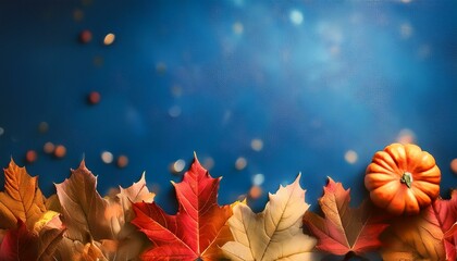 A vibrant blue background, resembling textured paper, features a border of colorful autumn leaves in deep red and golden yellow, with a small decorative pumpkin nestled among them.
