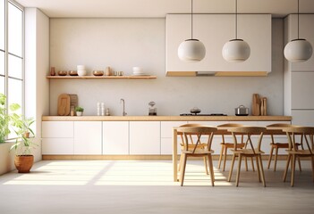 Blur background interior design, scandinavian minimalistic classic kitchen with wooden and white details, 3d illustration