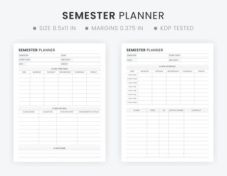 Semester Planner Template for Student, Academic Course Schedule Organizer Template for College Students Planner Printable