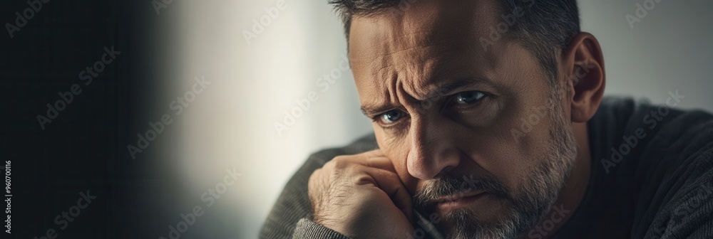 Aufkleber a man with a serious expression contemplates his thoughts while resting his chin on his hand in a di