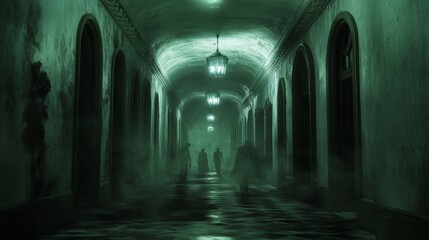 Fototapeta premium Figures Walking Through a Foggy, Green-Toned Hallway