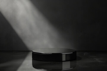 A glossy black podium with smooth edges, placed on a reflective floor with a dark, minimalist background and subtle lighting for a modern, sophisticated look.