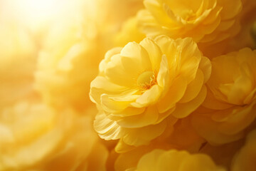 A close-up macro shot of soft, yellow buttercup petals, with intricate details and a warm, cheerful glow, perfect for a bright, sunny background.