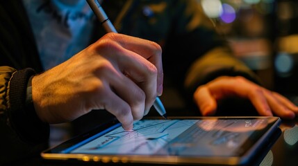 Fototapeta premium Close Up of a Person Using a Stylus on a Tablet