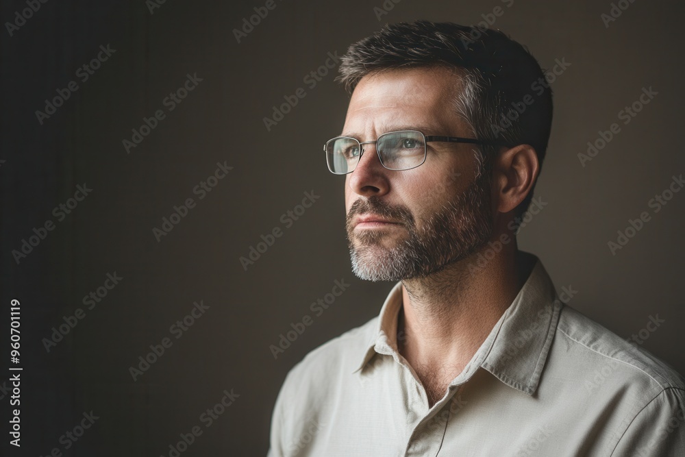 Poster a man wearing glasses stands in deep thought, gazing into the distance with a serious expression in 