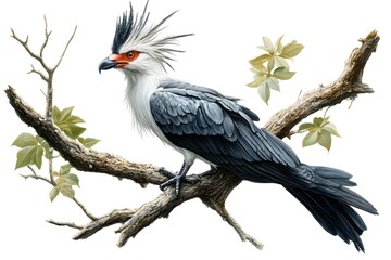Secretary Bird Perched on a Tree with White Background, Photo Realistic, Wallpaper, Cover and Screen for Smartphone, PC, Laptop, 9:16 and 16:9 Format