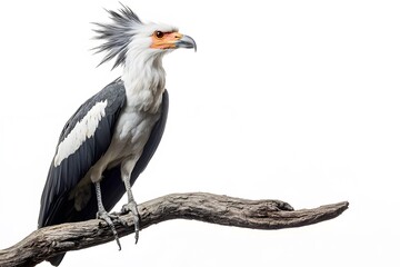 Obraz premium Secretary Bird Perched on a Tree with White Background, Photo Realistic, Wallpaper, Cover and Screen for Smartphone, PC, Laptop, 9:16 and 16:9 Format