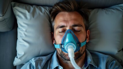 Adult Male Lying on Soft Pillow with Medical Oxygen Mask for Respiratory Support