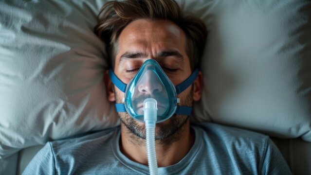 Man with Sleep Apnea Using CPAP Mask While Resting on Pillow