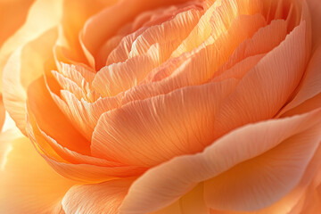 A close-up macro shot of soft, peach-colored ranunculus petals, with intricate details and a warm, inviting glow, perfect for a romantic background.