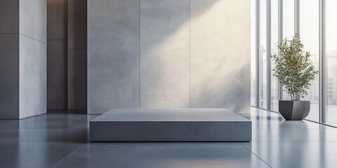 A minimalist stone podium made of smooth, grey concrete, placed in a sleek, modern architectural space with large windows and natural light.