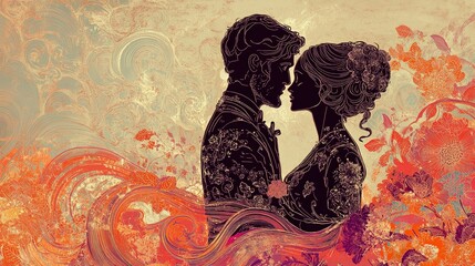 Romantic Silhouette of a Couple Amidst a Colorful Floral Background