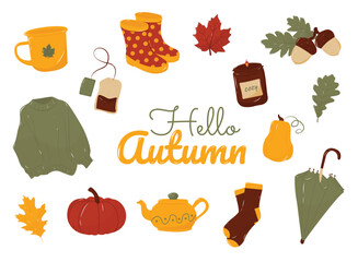 Hello autumn. Autumn collection includes seasonal leaves,warm drinks, clothes and different cozy things. Isolated on the white background.  EPS 10