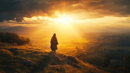 Serene Sunset Landscape: A Solitary Figure Embraces Nature's Golden Hour