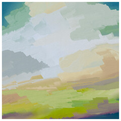 Obraz premium Bold Impressionistic Modern Abstract Cloudscape of Sunset Sunrise Large Cloud - Digital Painting, Art, Artwork, Design, Illustration w/Canvas & Paint Texture in Vibrant Yellow, Green, Orange & Purple