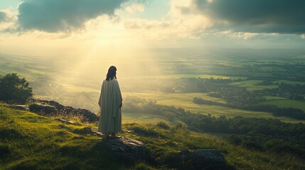 Serene Landscape: A Divine Presence Awaits in the Golden Rays of Nature's Splendor