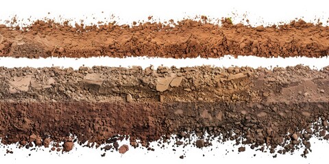 A rich cross-section of layered soil showcasing various textures and colors isolated on a bright white background