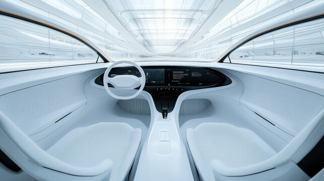 Futuristic Autonomous Car Interior with Minimalistic White Design and Advanced Digital Dashboard