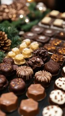 Luxury Assorted Holiday Chocolates - A luxurious assortment of festive chocolates with glittering decorations and rich designs, perfect for holiday celebrations and gifts.