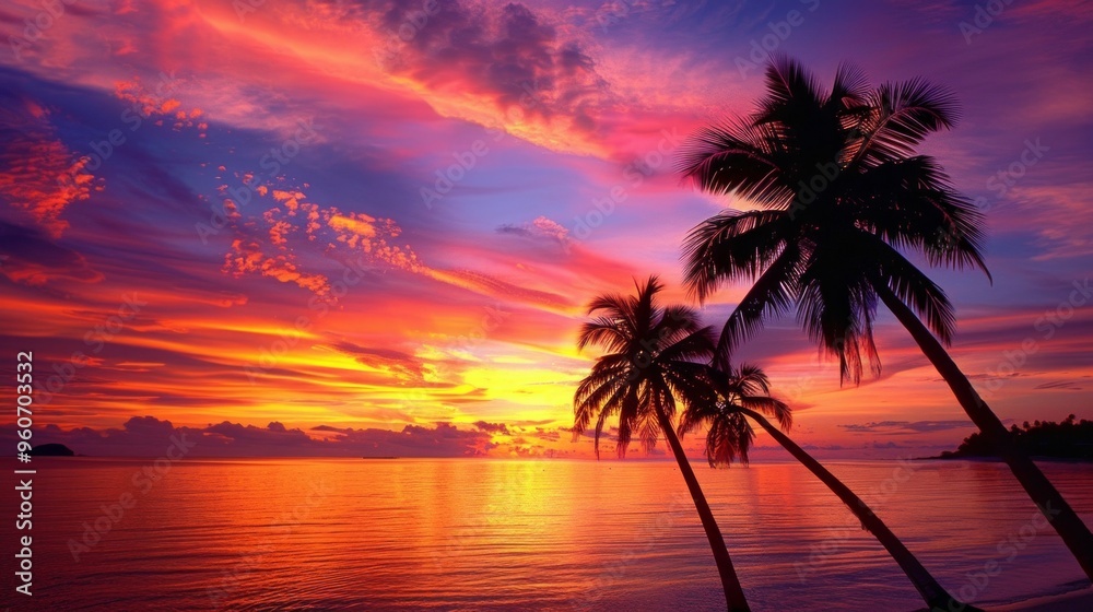 Poster A vibrant sunset paints the sky in brilliant shades of pink, orange, and purple. Silhouetted palm trees add a tropical touch. Perfect for relaxation and travel themes. AI