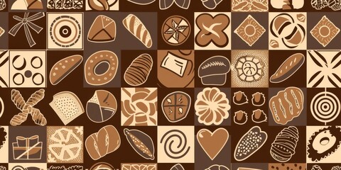 Explore a modern geometric pattern featuring various breads and bakery items in a creative mosaic design, perfect for culinary enthusiasts