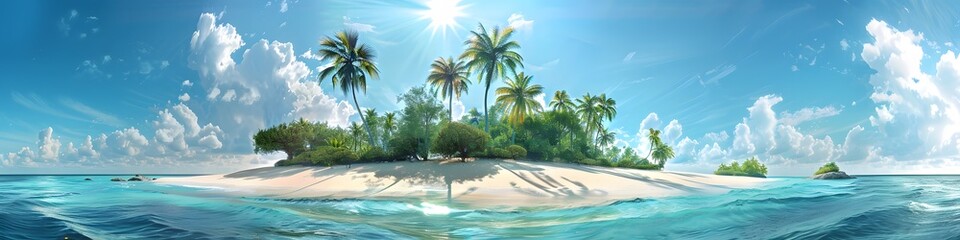 A sweeping beach panorama showcasing a beautiful tropical island with soft white sand, lush palm trees, and clear, turquoise waters.