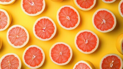 Fresh Sliced Grapefruit Halves on Bright Yellow Background, Healthy Citrus Fruit Pattern