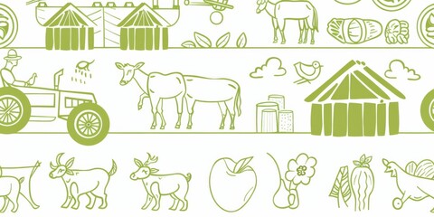 Fototapeta premium Explore the intricacies of farm life with this seamless pattern featuring tractors, animals, and crops in a vibrant green design