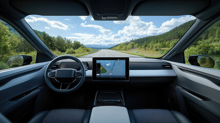 Autonomous Electric Car Interior with Digital Dashboard and Scenic Highway View