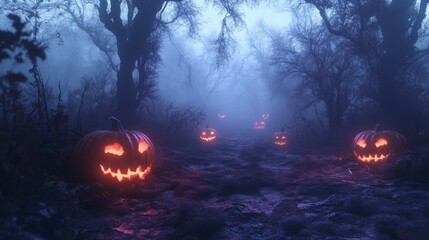 Naklejka premium Jack-o'-lanterns illuminated in a misty forest path