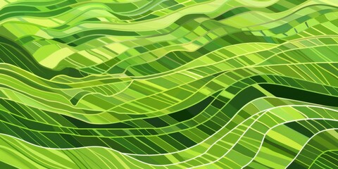 Captivating abstract illustration of lush rice field landscapes showcasing vibrant green patterns in a serene rural setting