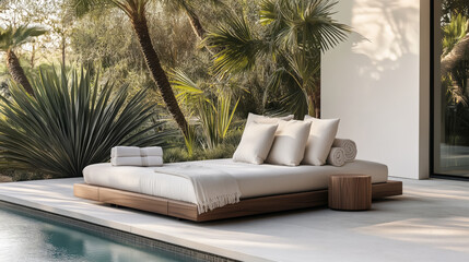 Fototapeta na wymiar Outdoor pool area with modern furniture, surrounded by garden with plants and trees