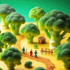 A whimsical scene featuring miniature figures walking through a colorful broccoli landscape, symbolizing nature, health, and sustainability. Perfect for food and environmental themes.