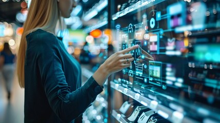 Naklejka premium Woman Interacting with Interactive Digital Display in Retail Store