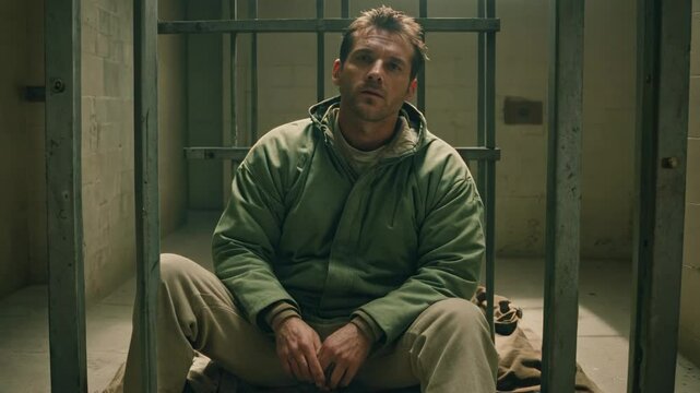 Cinematic footage of man with face covered, dressed in straitjacket, barefoot, tied with straps, sits in the hallway. Ward in mental hospital. Horror psycho concept