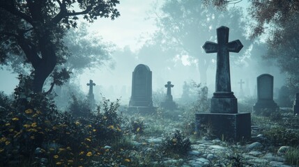 A Cross-Marked Gravestone in a Foggy Cemetery