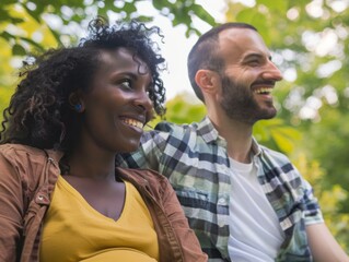 Fototapeta premium Expecting joyfully, an interracial couple shares a hopeful moment in a serene park during their pregnancy journey