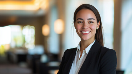 portrait of a smiling female hotel manager looking at the camera, highlighting her professional demeanor and leadership qualities. Ideal for capturing the essence of hotel manageme