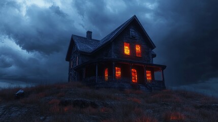 A Mysterious, Silhouetted House with Glowing Windows on a Hillside under a Cloudy Sky
