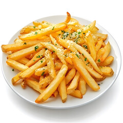 Top view Garlic Parmesan French Fries on white plate, Isolated on White Background