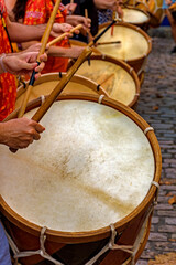 Group of percussionists and their drums on the streets of Recife during brazilian Carnival