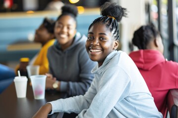 Young women enjoy a vibrant post-gym gathering in a lively cafe setting with laughter and camaraderie