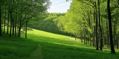 Obraz premium A sunlit clearing in a dense forest with lush green grass and tall trees casting shadows.