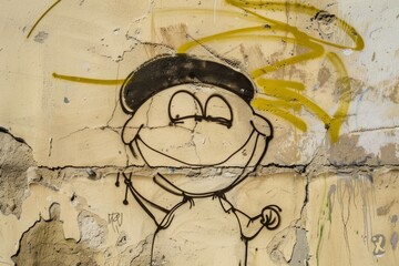 Cheerful peanut character explores urban street art with a big smile and tiny explorer's hat during a sunny afternoon adventure