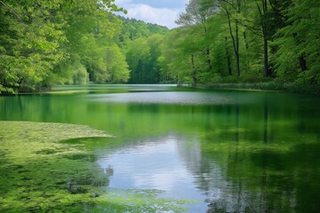 A tranquil lake encompassed by verdant trees capturing the essence of nature's calm and undisturbed beauty.