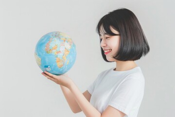 Fototapeta premium Young Korean woman lovingly gazes at a globe, embracing the world with a warm smile on her face in a bright and cheerful setting