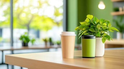 Serene Eco-Friendly Cafe Interior with Composting Bin and Natural Decor in Soft Green Tones - Copy Space Available
